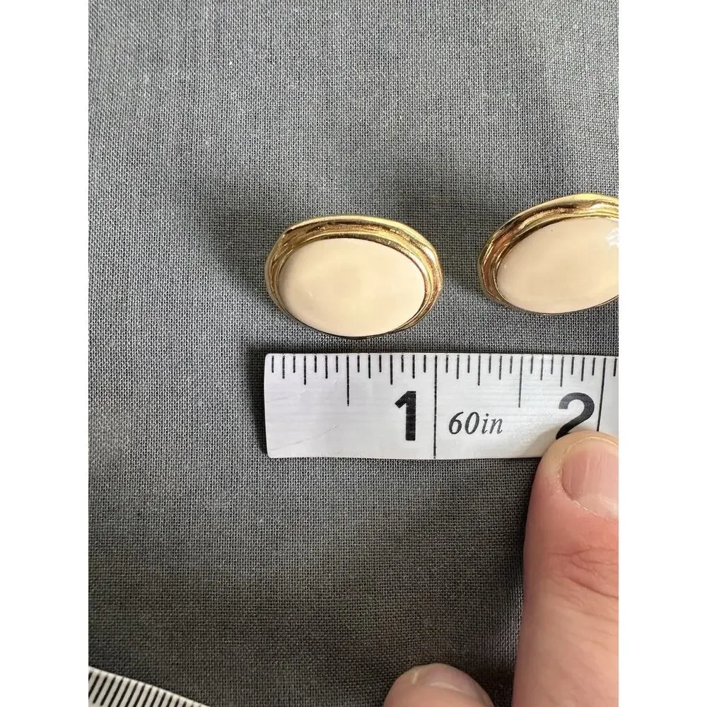 Vintage Trifari Post Back Earrings Cream Oval Enamel Gold Tone Metal